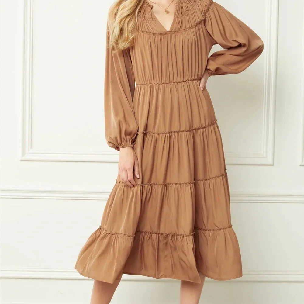 Entro Dresses | Entro Tan Long Sleeve Tiered Dress Size S | Color: Tan | Size: S | Elizasantos16'S Closet